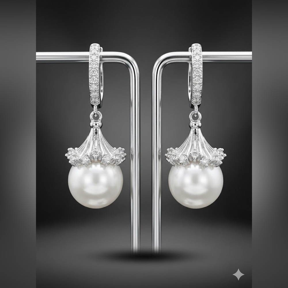 NEW White Gold Plated Royal Crown Pearl Huggie Drop Earrings - Bridal / Luxe